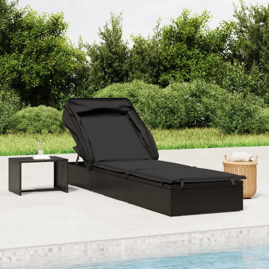Chaise longue avec toit pliant noir 213x63x97 cm en résine tressée
