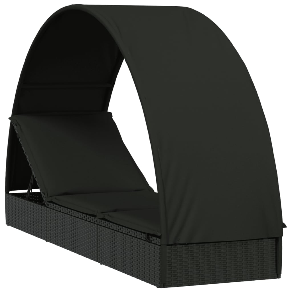 Chaise longue avec toit rond noir 211x57x140 cm en résine tressée