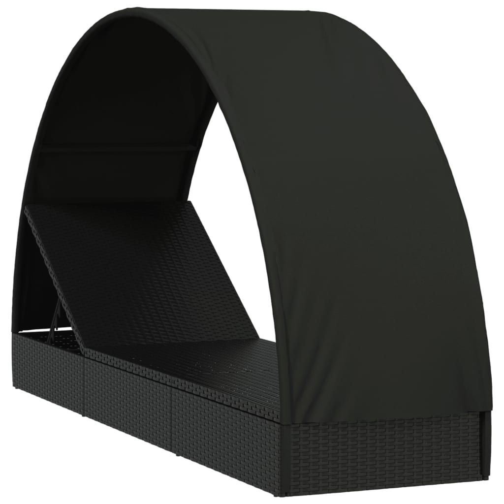 Chaise longue avec toit rond noir 211x57x140 cm en résine tressée