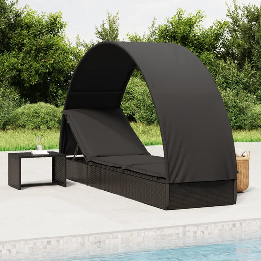 Chaise longue avec toit rond noir 211x57x140 cm en résine tressée