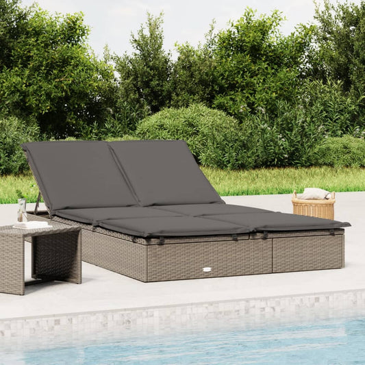 Sun lounger for 2 people with cushion grey poly rattan