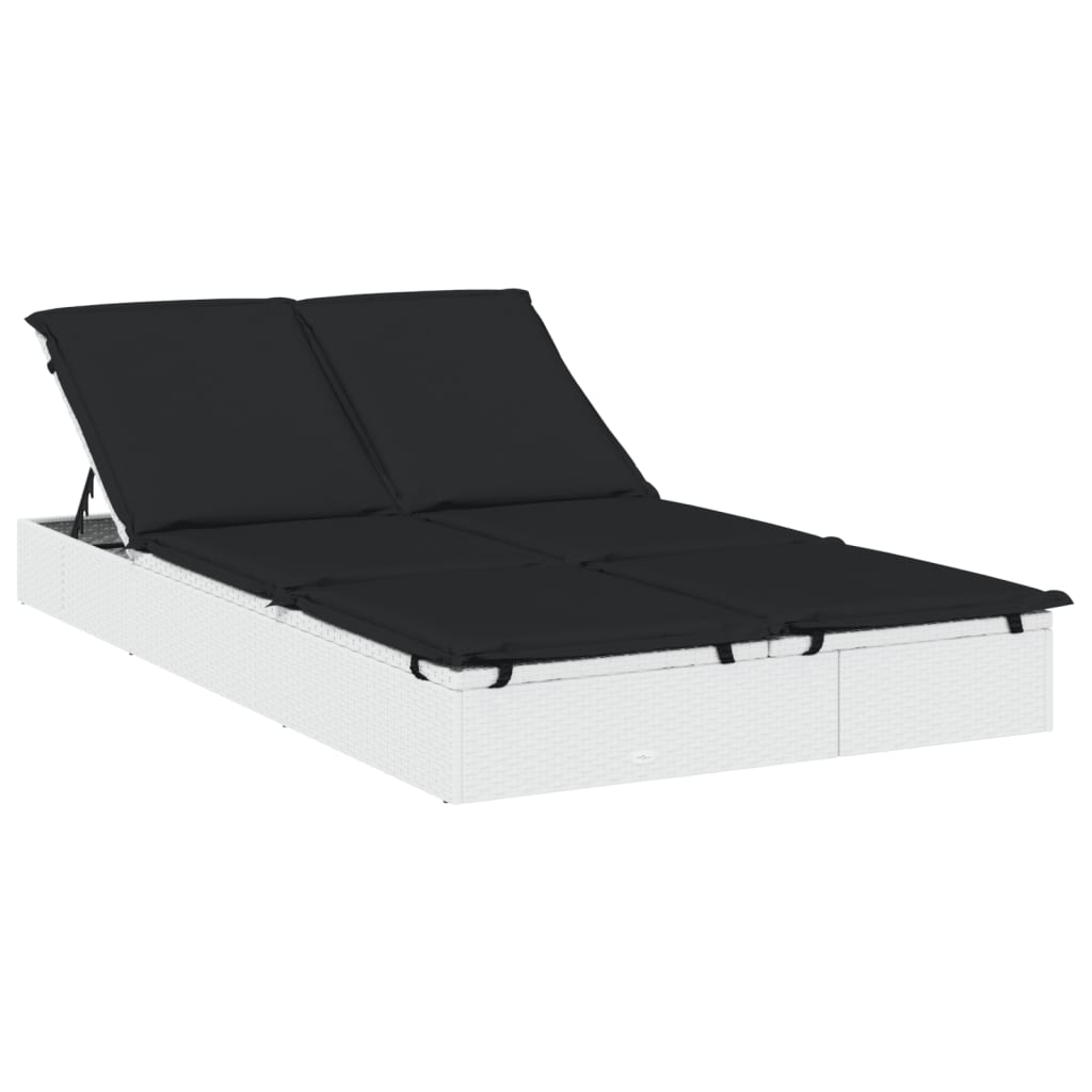 Sonnenliege für 2 Personen mit Kissen Weiß Poly Rattan