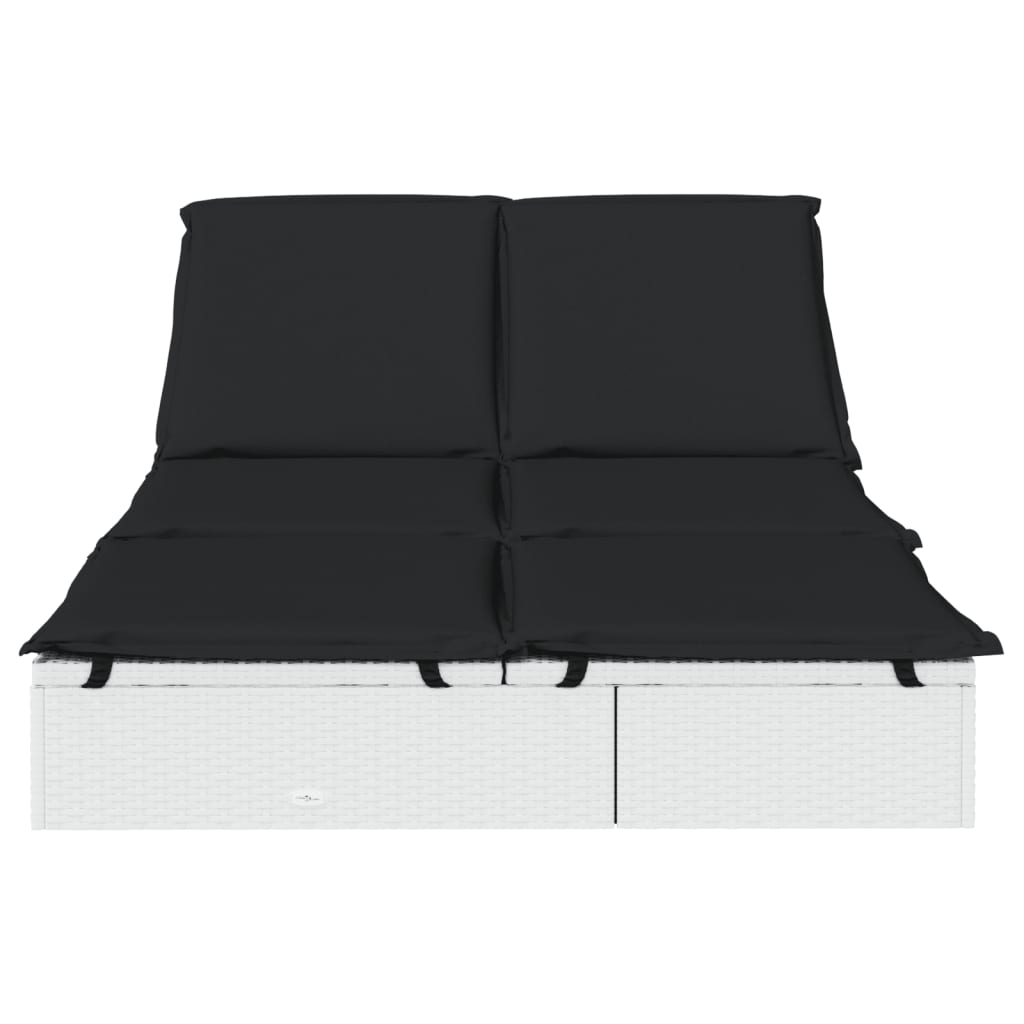 Sonnenliege für 2 Personen mit Kissen Weiß Poly Rattan