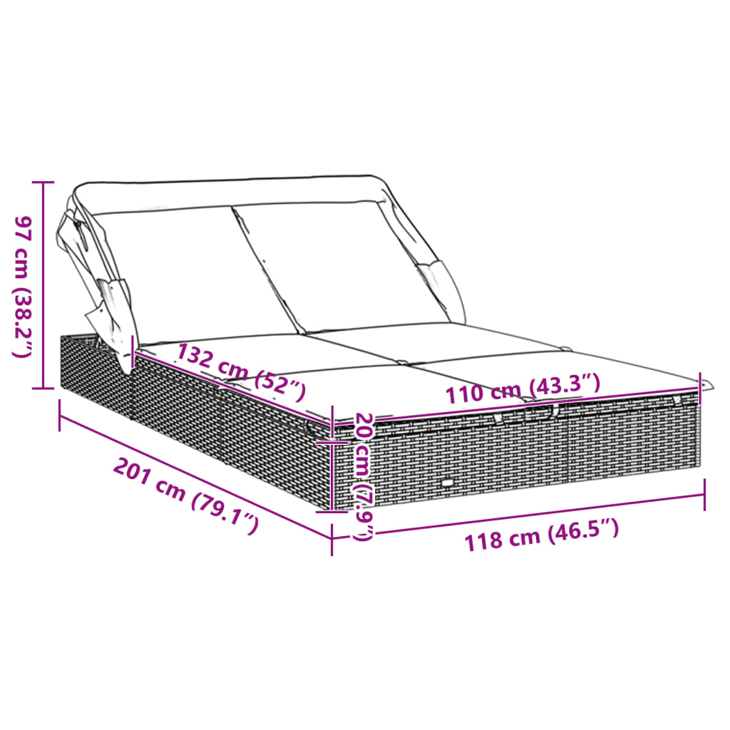 2-Personen-Sonnenliege mit Dach Schwarz 213x118x97 Poly Rattan