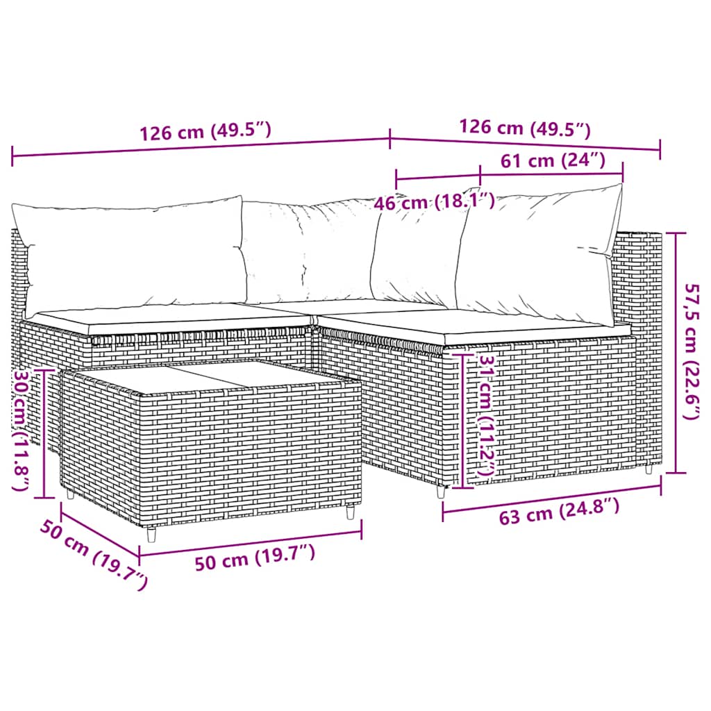 4-tlg. Garten-Lounge-Set mit Kissen Braun Poly Rattan