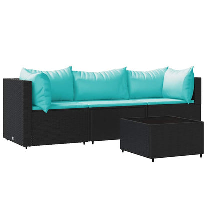 4-tlg. Garten-Lounge-Set mit Kissen Schwarz Poly Rattan
