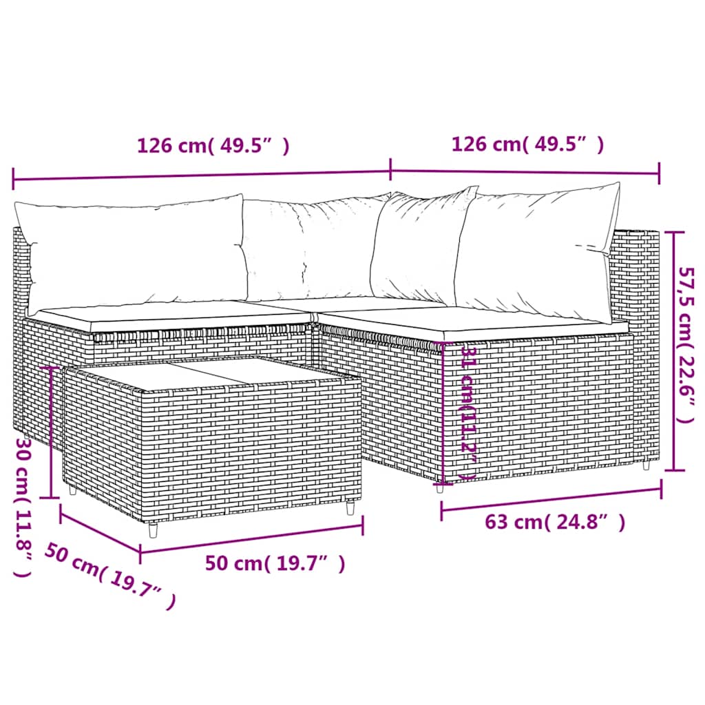 4-tlg. Garten-Lounge-Set mit Kissen Braun Poly Rattan