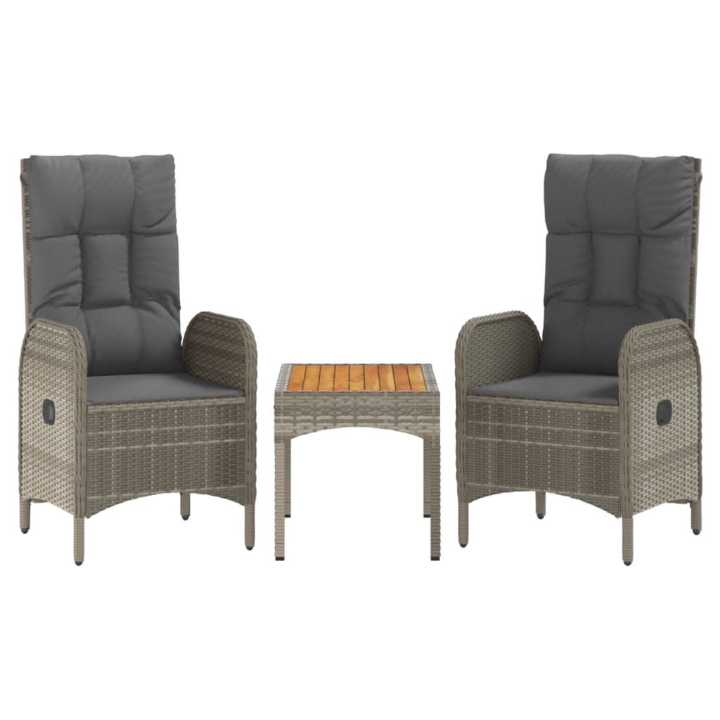 3-tlg. Garten-Lounge-Set mit Kissen Grau Poly Rattan