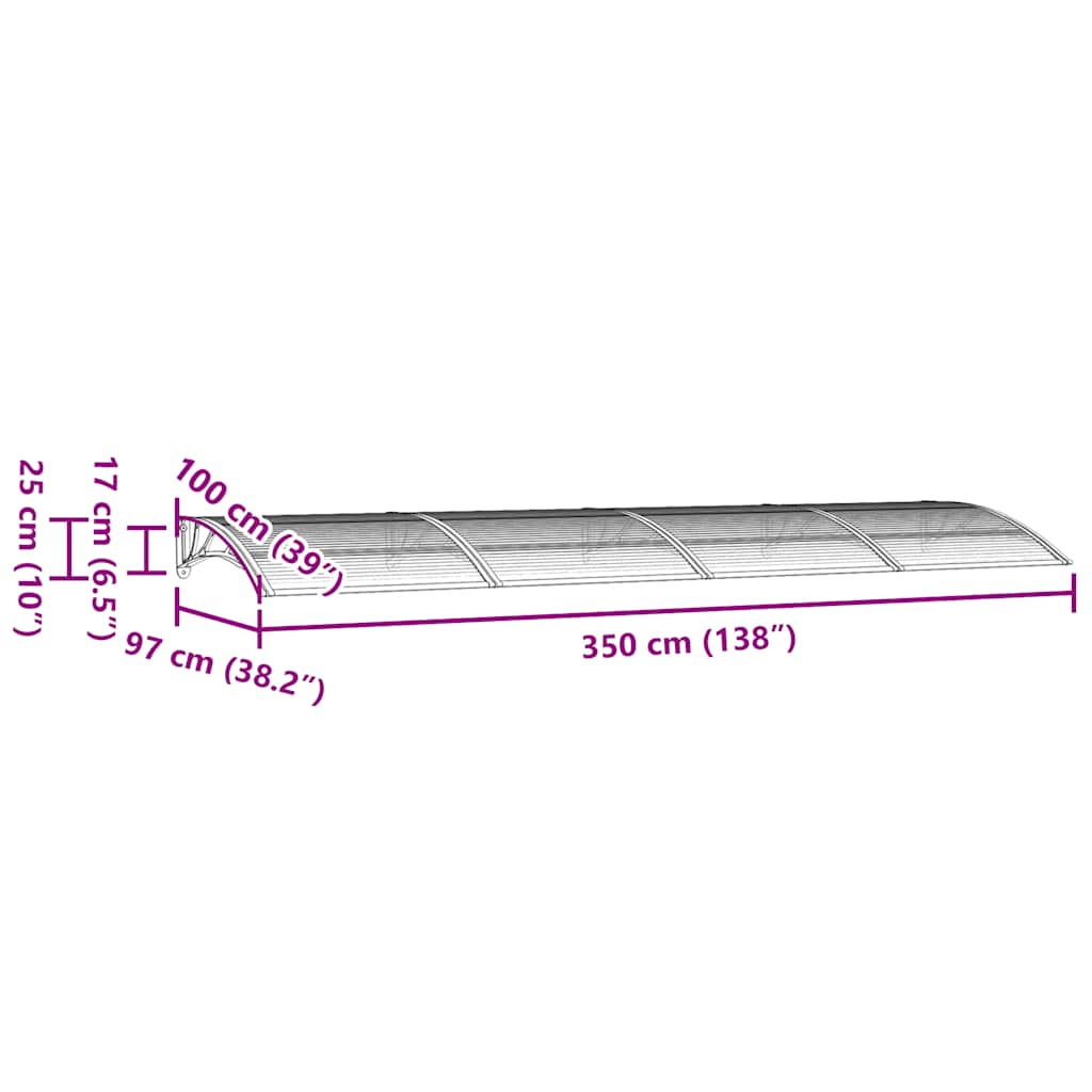 Türvordach Grau 350 x 100 cm Polycarbonat