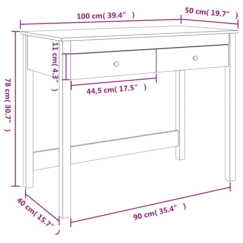 Bureau avec tiroirs 100x50x78 cm en bois de pin massif