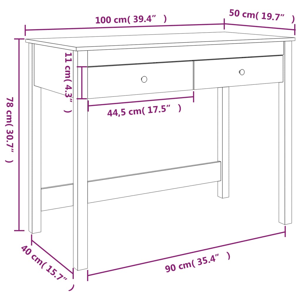 Bureau avec tiroirs blanc 100x50x78 cm bois de pin massif