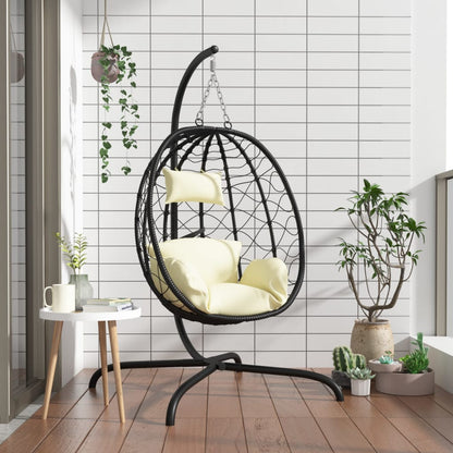 Hängesessel mit Kissen Cremeweiß Poly Rattan & Stahl