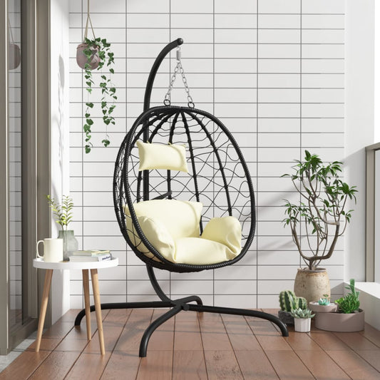 Hängesessel Ei mit Kissen Cremeweiß Poly Rattan & Stahl
