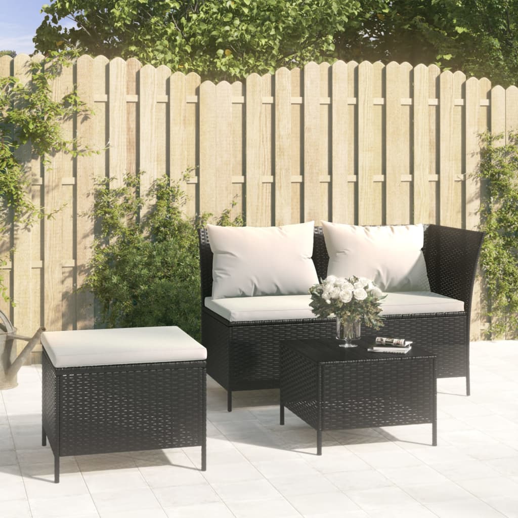 3-tlg. Garten-Lounge-Set mit Kissen Schwarz Poly Rattan