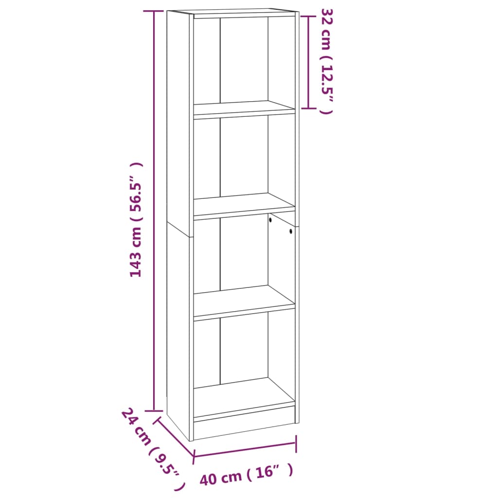 Bücherregal 4 Fächer Braun Eichen-Optik 40x24x143 cm