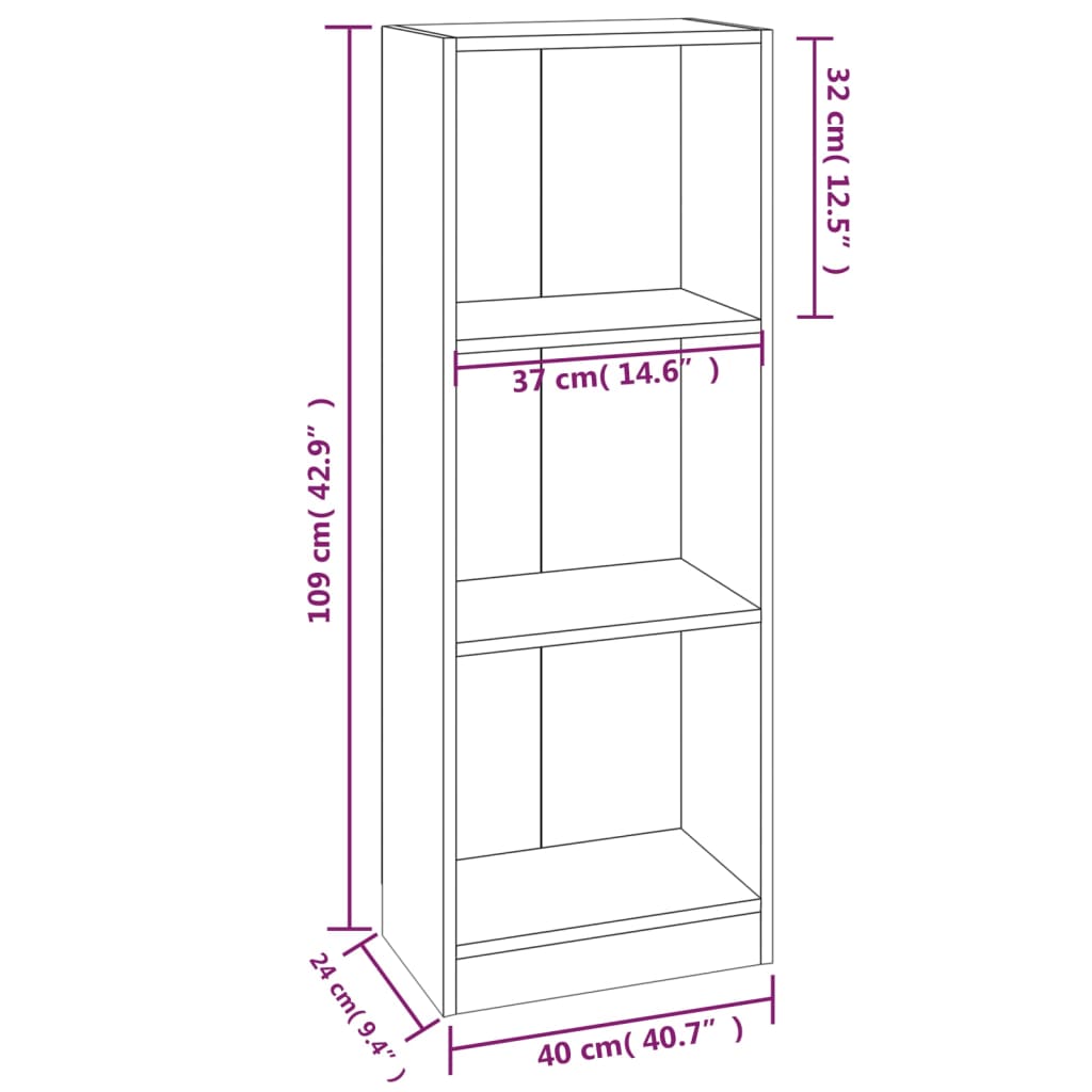 Bibliothèque 3 compartiments Sonoma gris 40x24x109 cm matériau bois