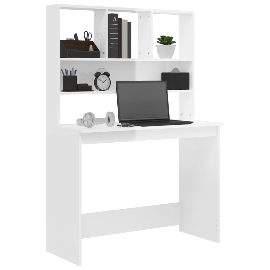 Bureau avec étagère blanc brillant 102x45x148cm en bois