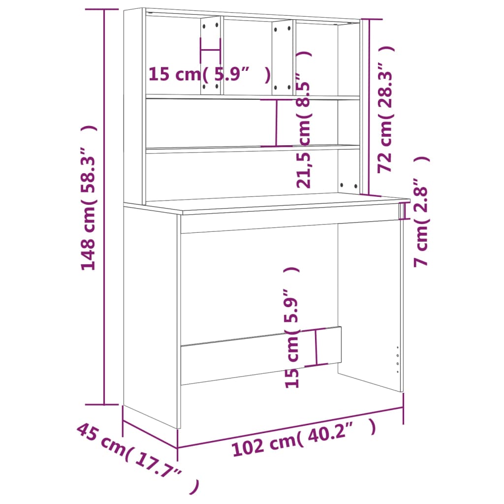 Bureau avec étagère blanc brillant 102x45x148cm en bois