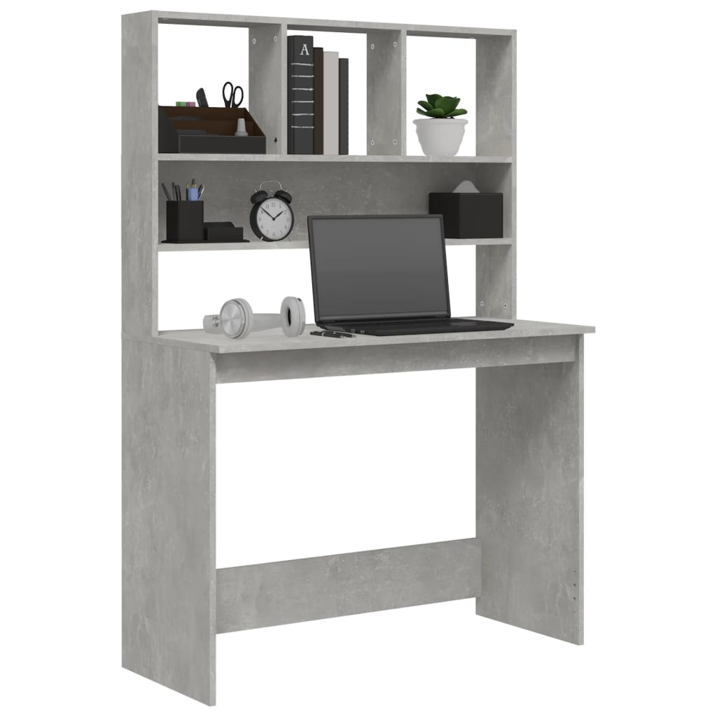 Bureau avec étagère gris béton 102x45x148 cm en bois