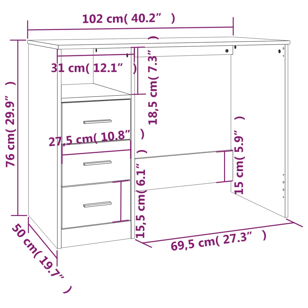 Bureau avec tiroirs blanc 102x50x76 cm en bois