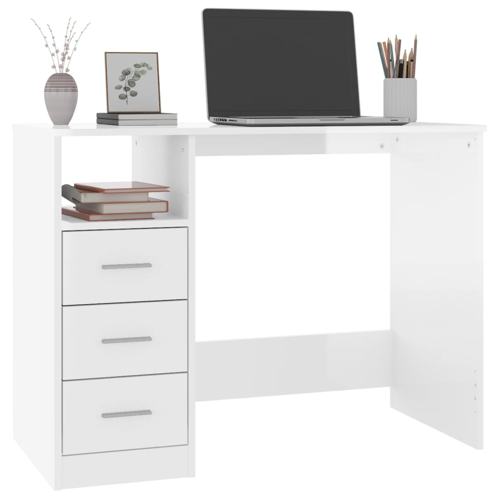 Bureau avec tiroirs blanc brillant 102x50x76 cm