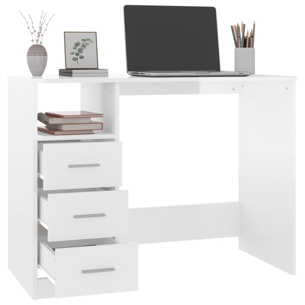 Bureau avec tiroirs blanc brillant 102x50x76 cm