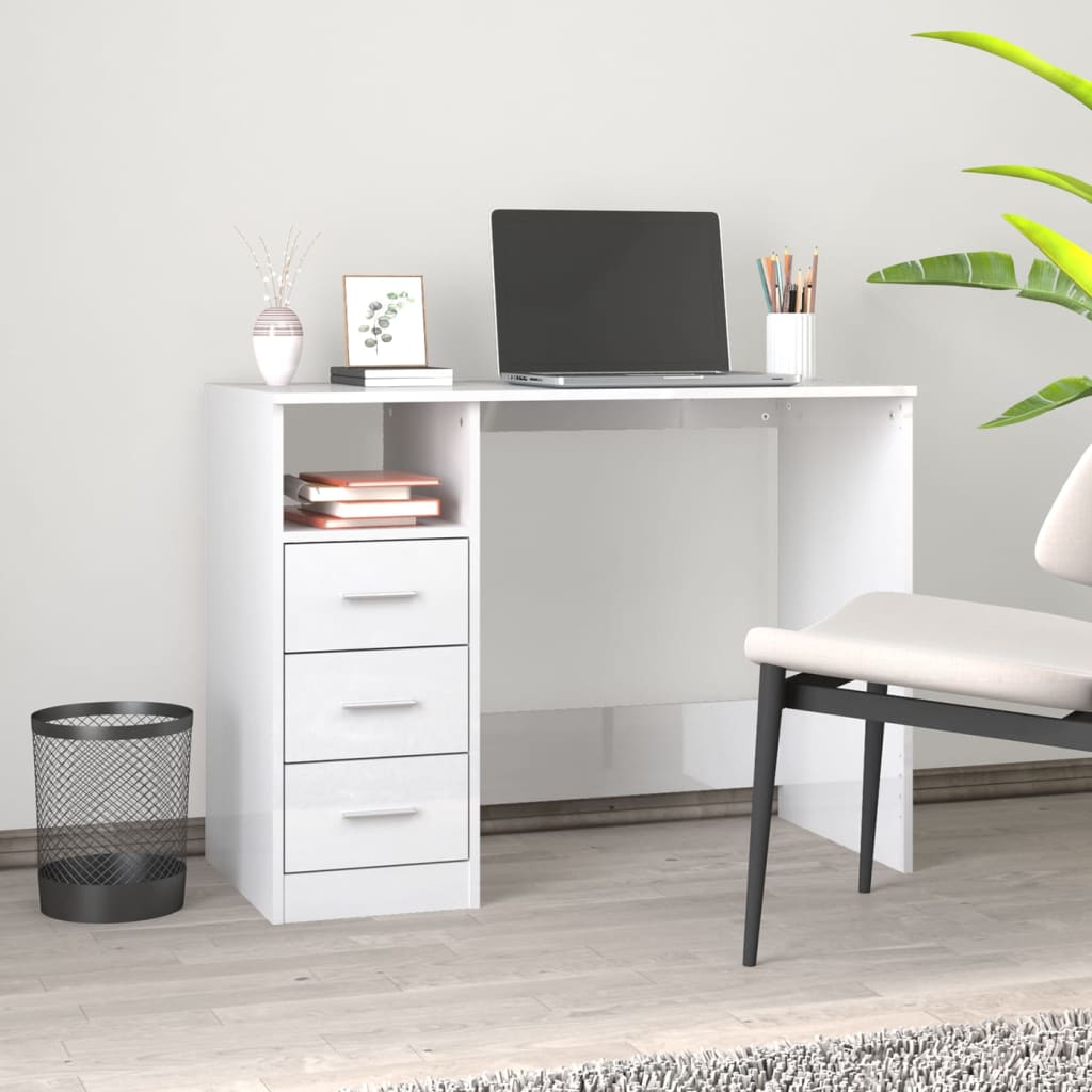 Bureau avec tiroirs blanc brillant 102x50x76 cm