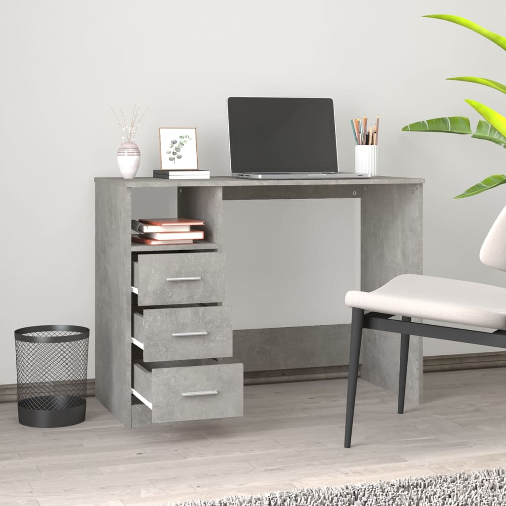 Bureau avec tiroirs gris béton 102x50x76cm matériau bois