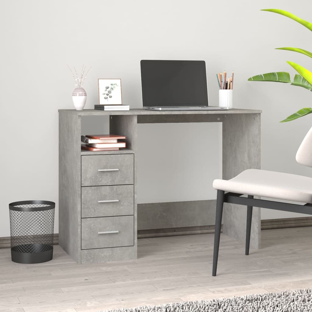 Bureau avec tiroirs gris béton 102x50x76cm matériau bois