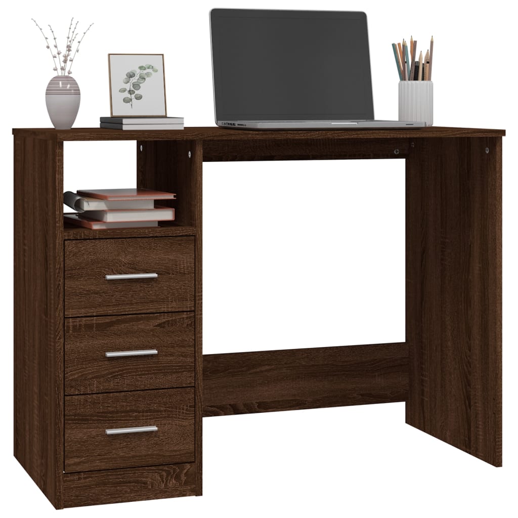 Bureau avec tiroirs aspect chêne brun 102x50x76 cm