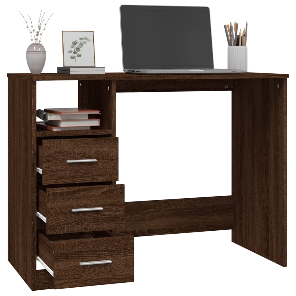 Bureau avec tiroirs aspect chêne brun 102x50x76 cm