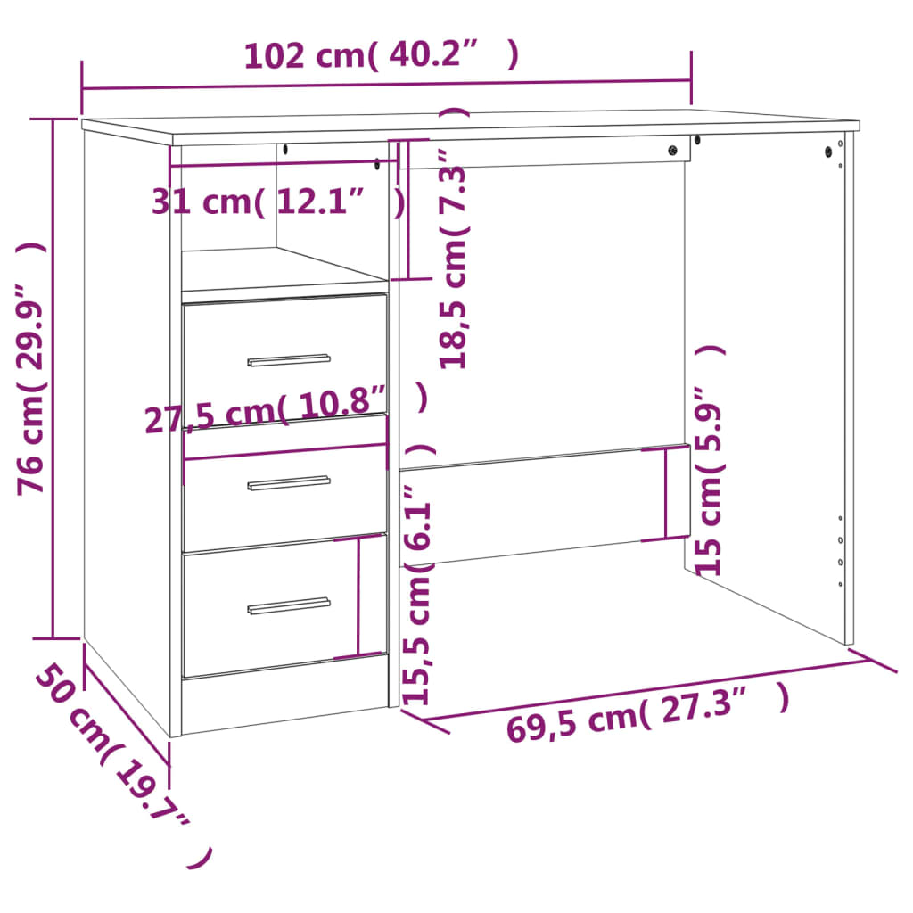 Bureau avec tiroirs aspect chêne brun 102x50x76 cm