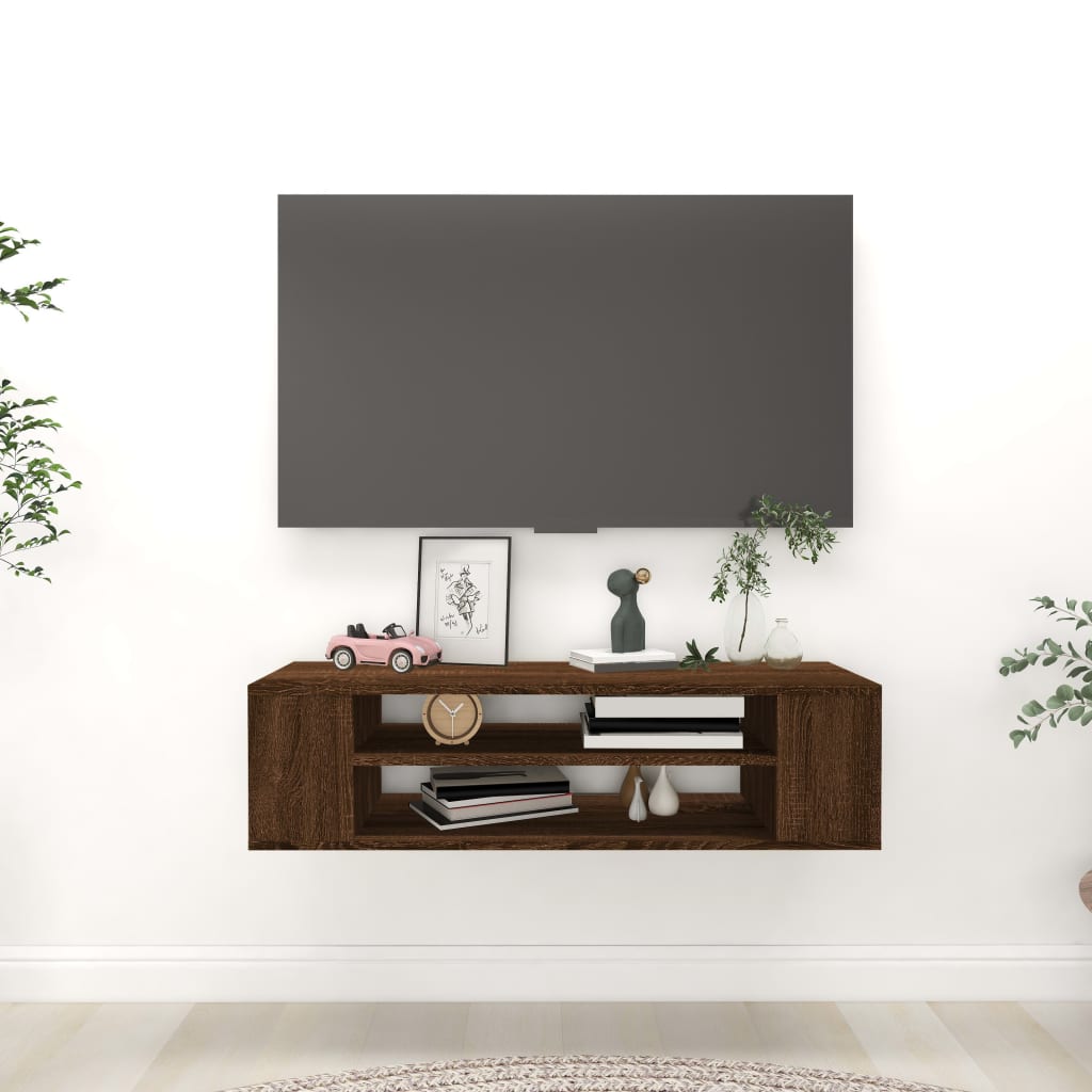 Meuble TV mural aspect chêne marron 100x30x26,5 cm matériau bois