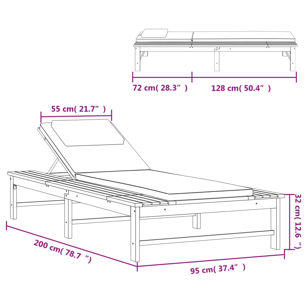 Bain de soleil avec coussin gris foncé et coussin en bois d'acacia massif