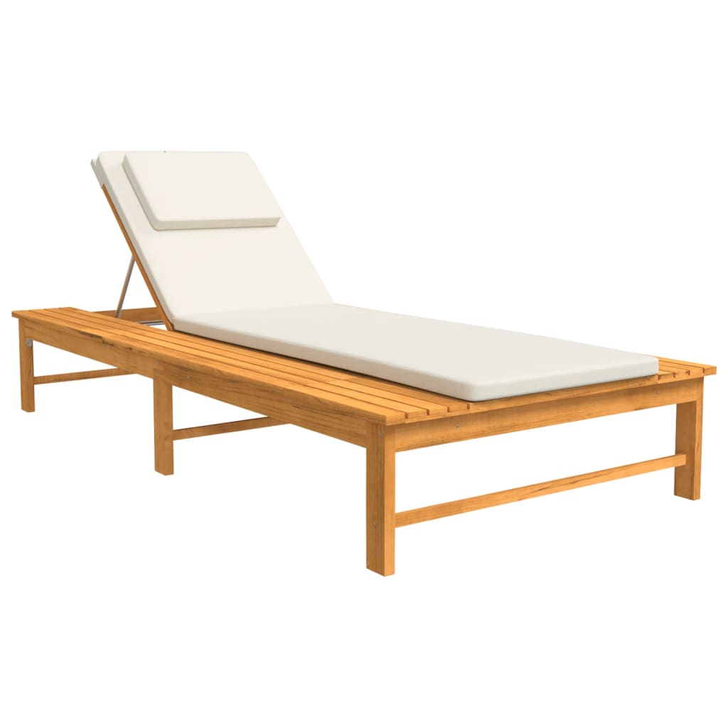 Bain de soleil avec coussin blanc crème et coussin en bois d'acacia massif