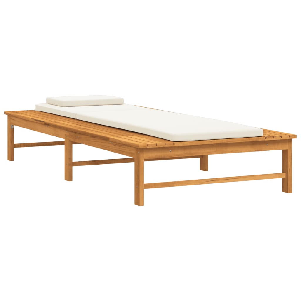 Bain de soleil avec coussin blanc crème et coussin en bois d'acacia massif