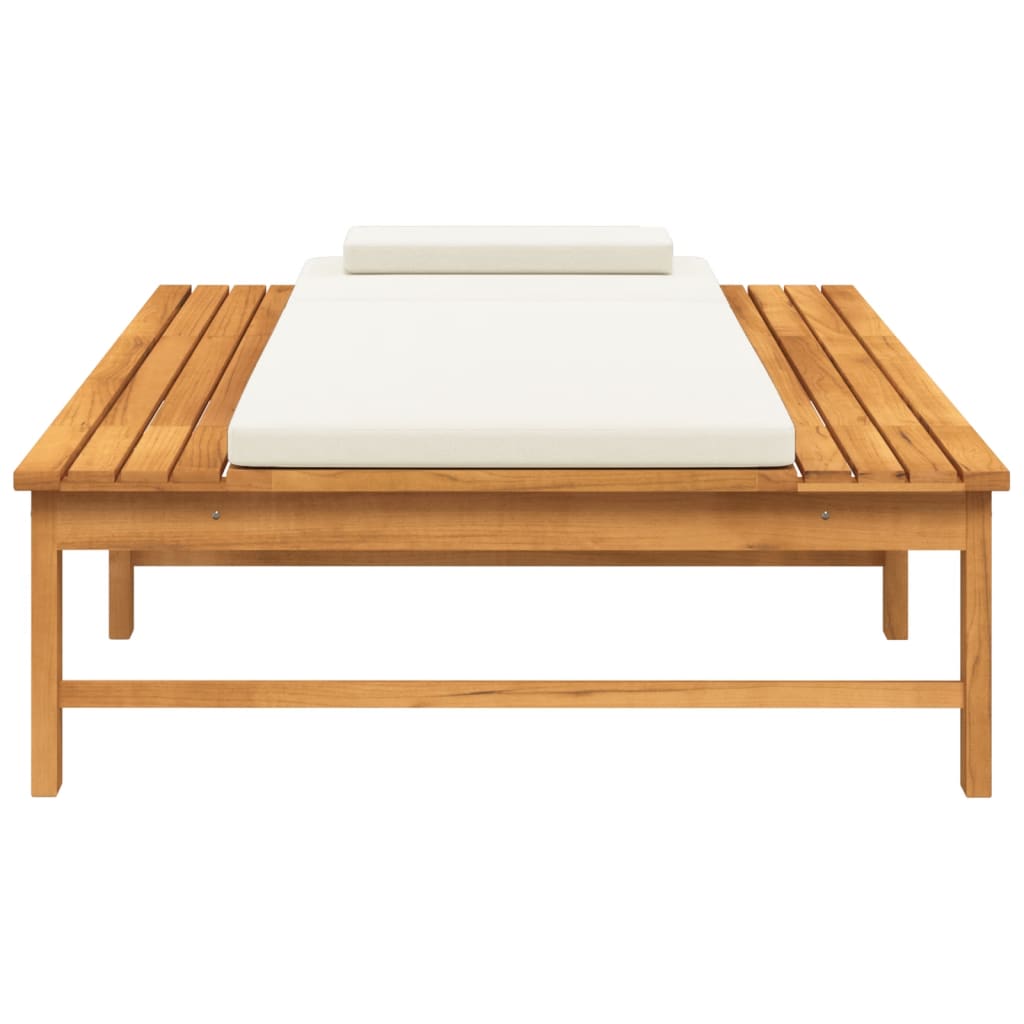 Bain de soleil avec coussin blanc crème et coussin en bois d'acacia massif