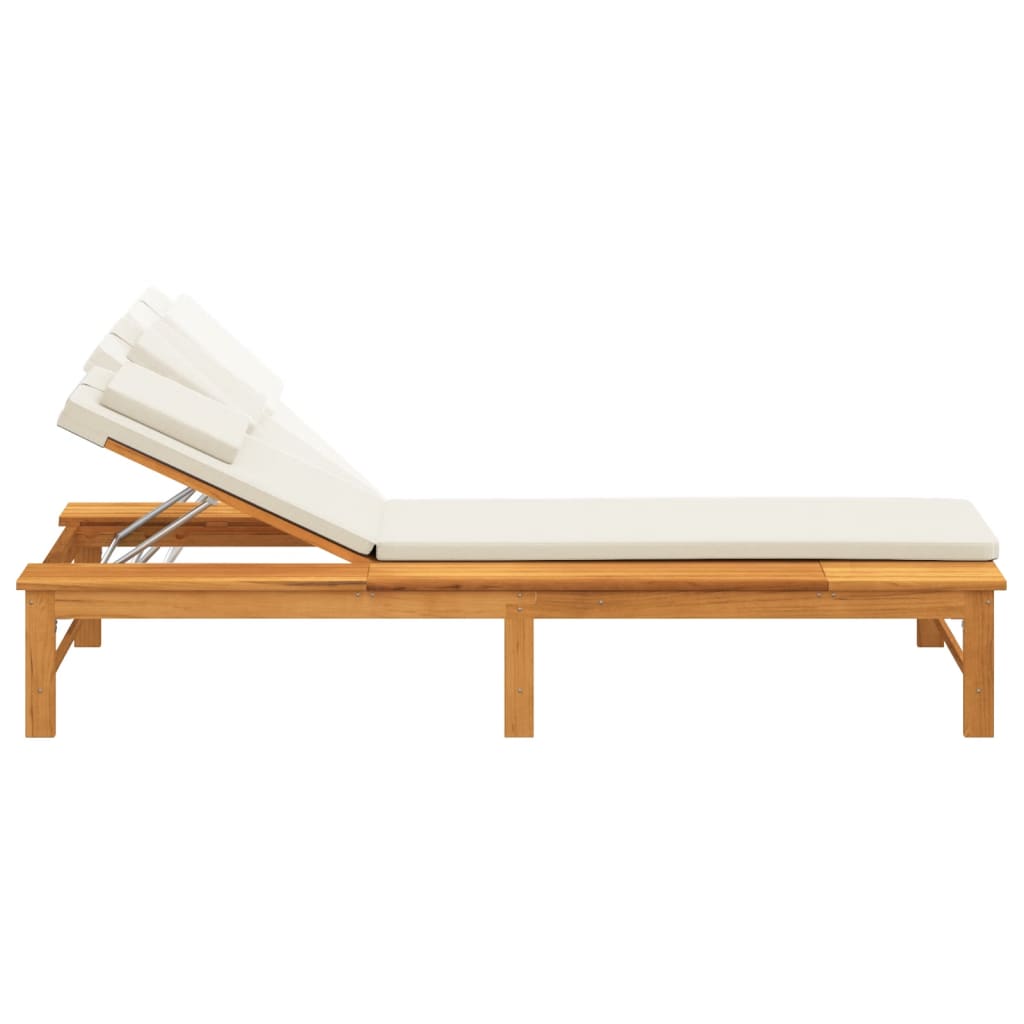 Bain de soleil avec coussin blanc crème et coussin en bois d'acacia massif