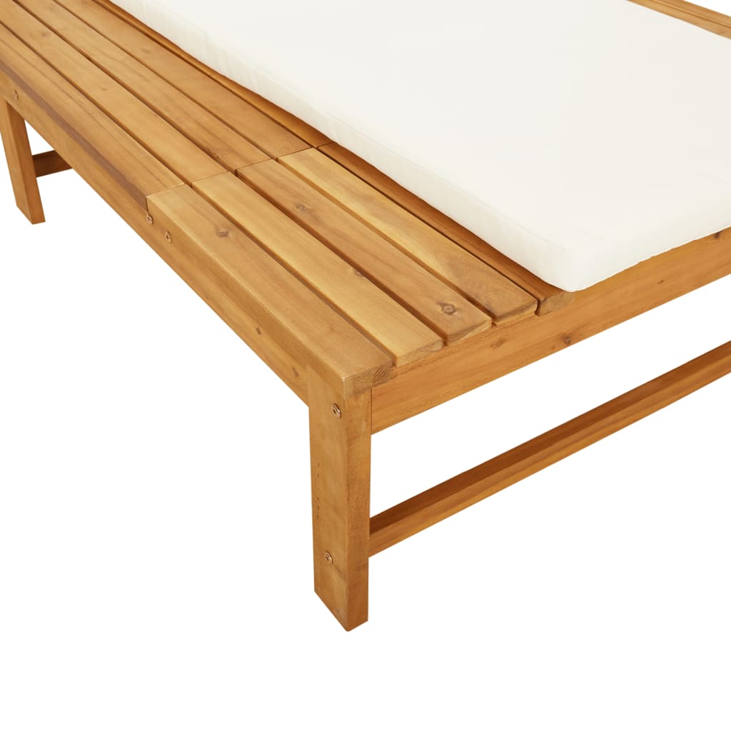 Bain de soleil avec coussin blanc crème et coussin en bois d'acacia massif