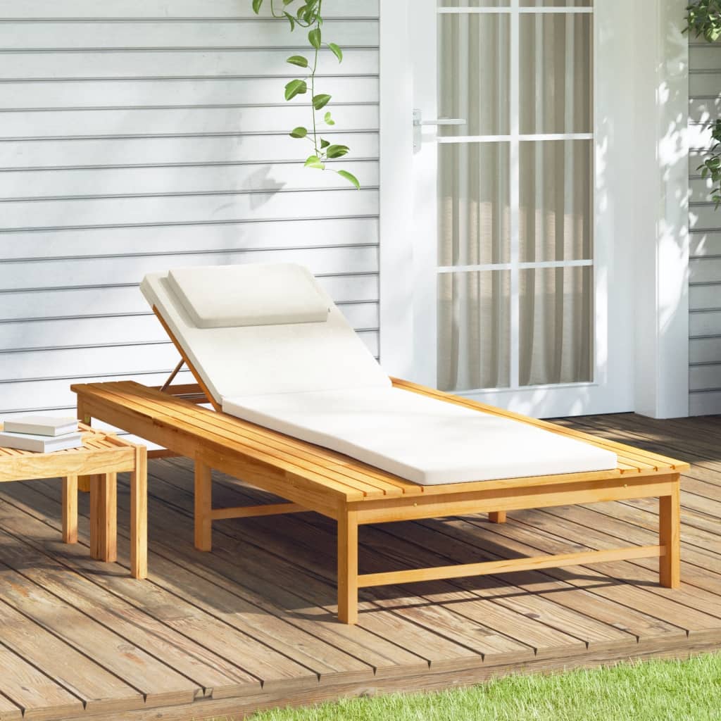 Bain de soleil avec coussin blanc crème et coussin en bois d'acacia massif