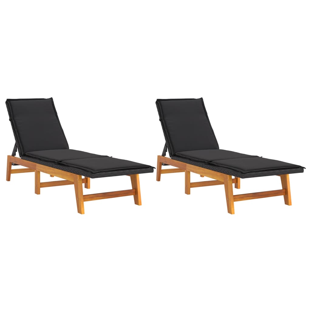 Chaises longues avec coussins, lot de 2, en résine tressée et bois d'acacia massif