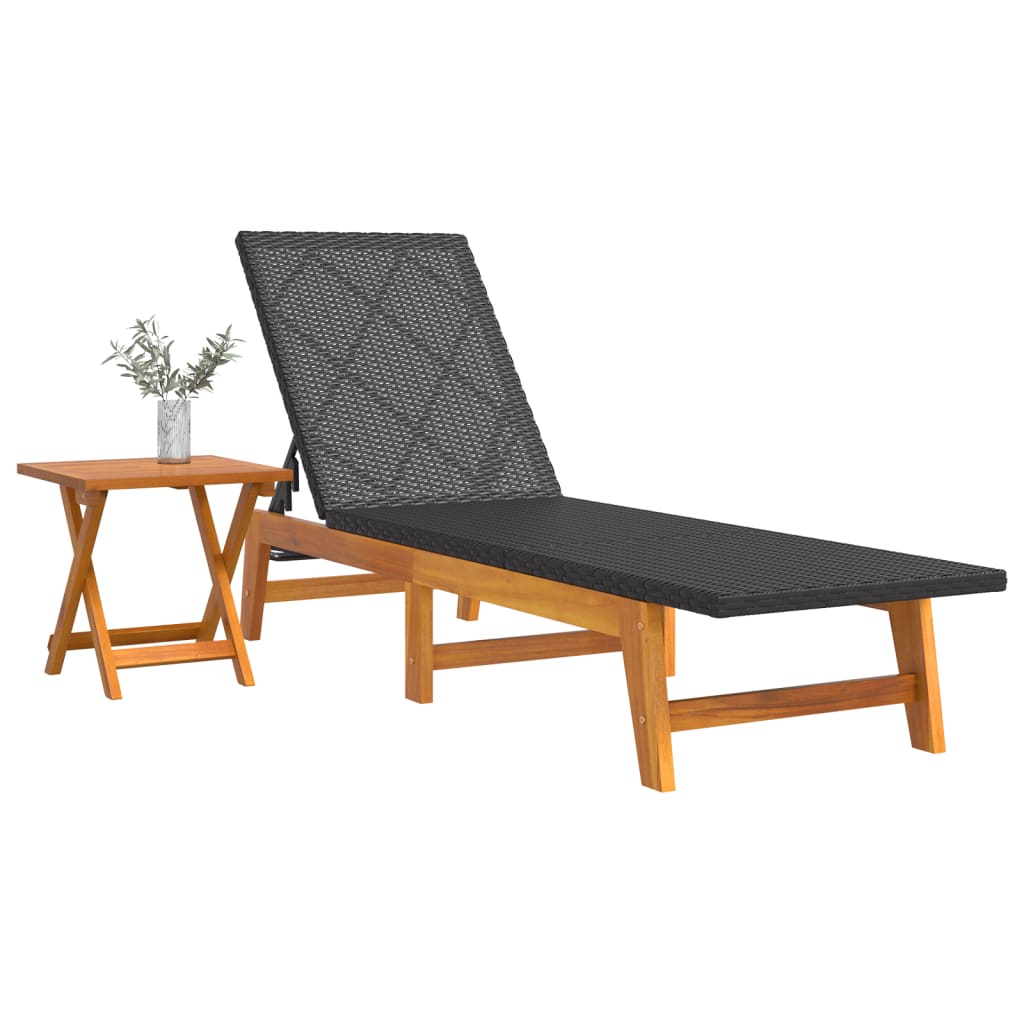 Chaise longue avec table en résine tressée et bois d'acacia massif