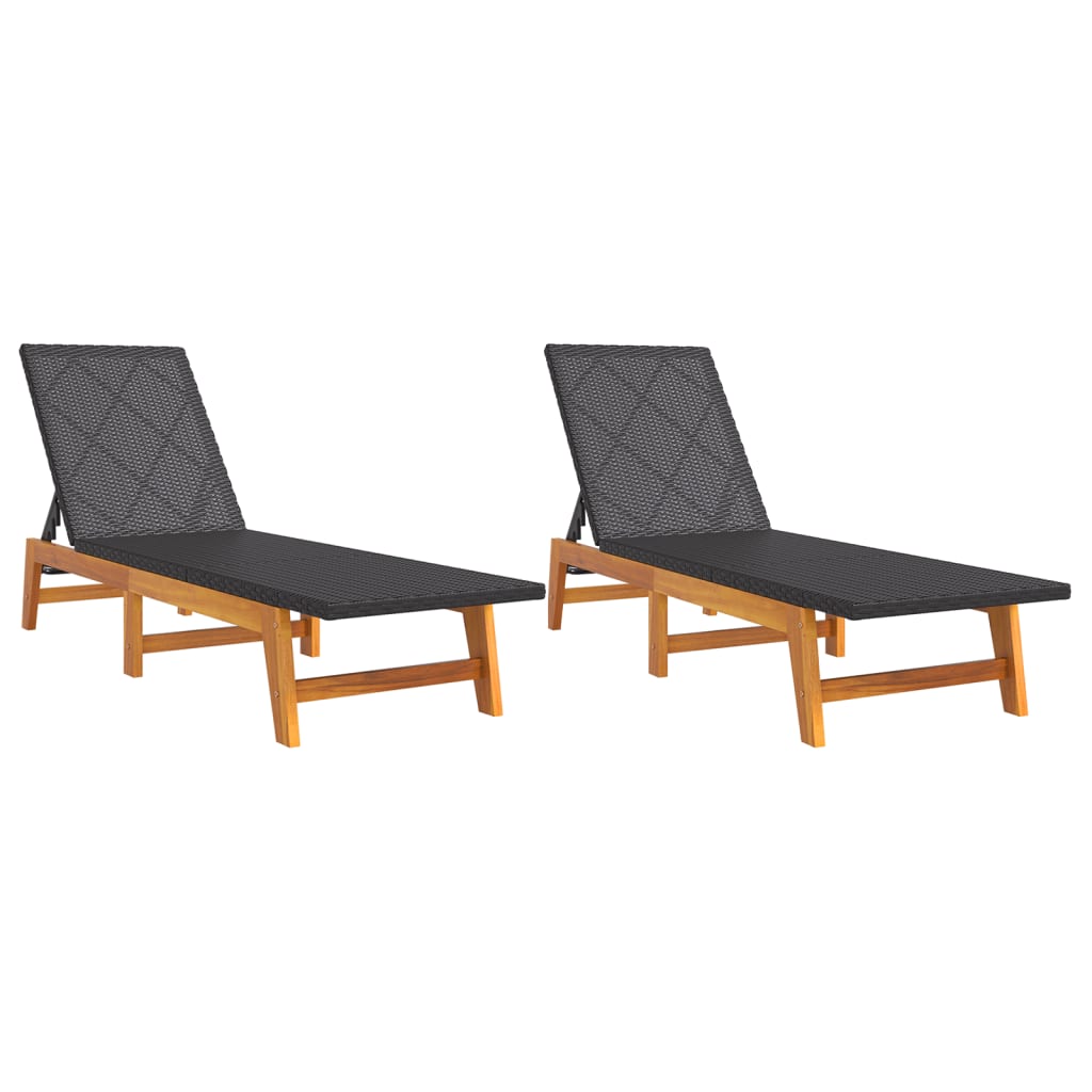 Chaises longues 2 pièces. Noir Marron Résine tressée Bois d'acacia massif