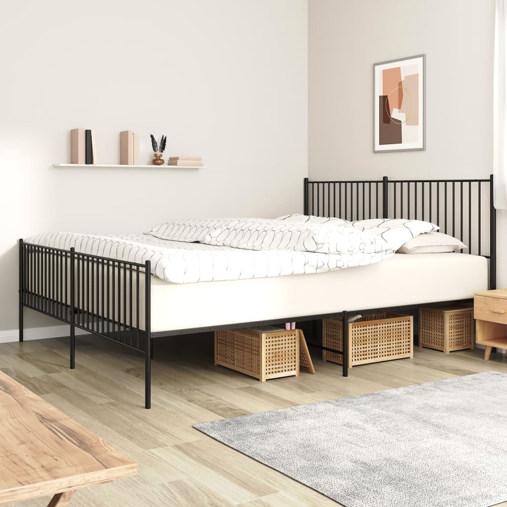 Bed frame with head and footboard metal black 200x200 cm