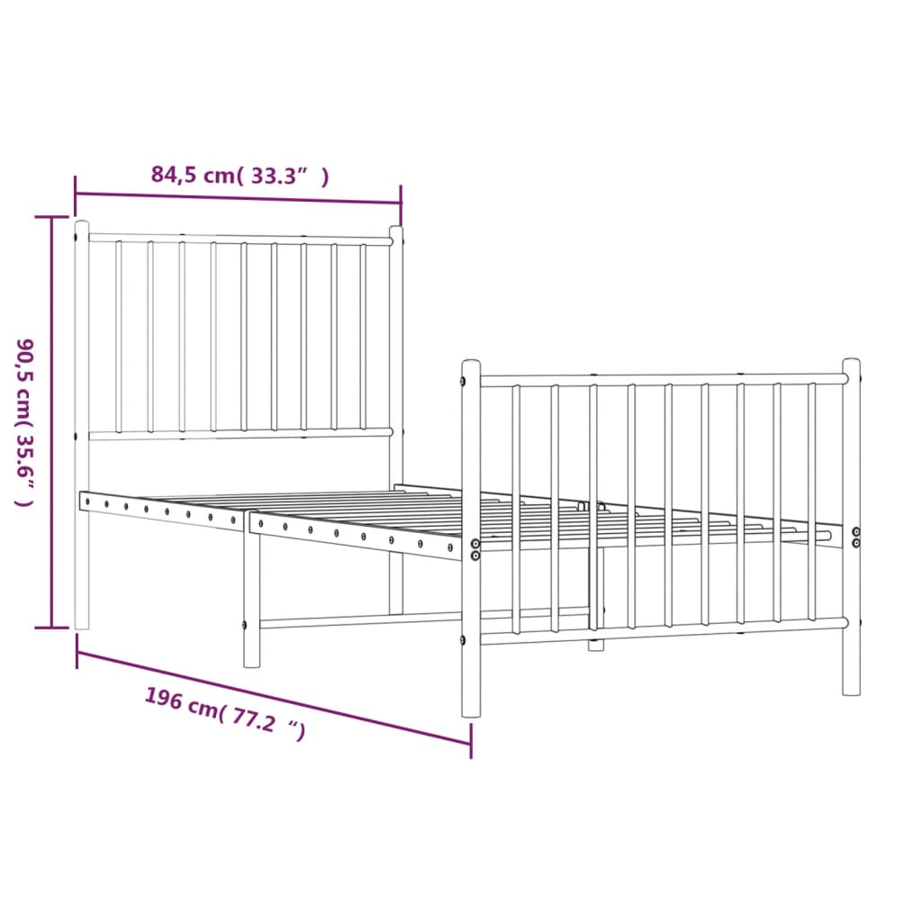 Bed frame with head and footboard metal white 80x200 cm