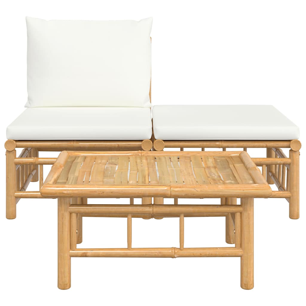 3-tlg. Garten-Lounge-Set mit Kissen Creme Bambus