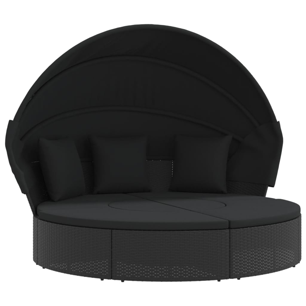 Outdoor-Loungebett mit Dach und Kissen Schwarz Poly Rattan