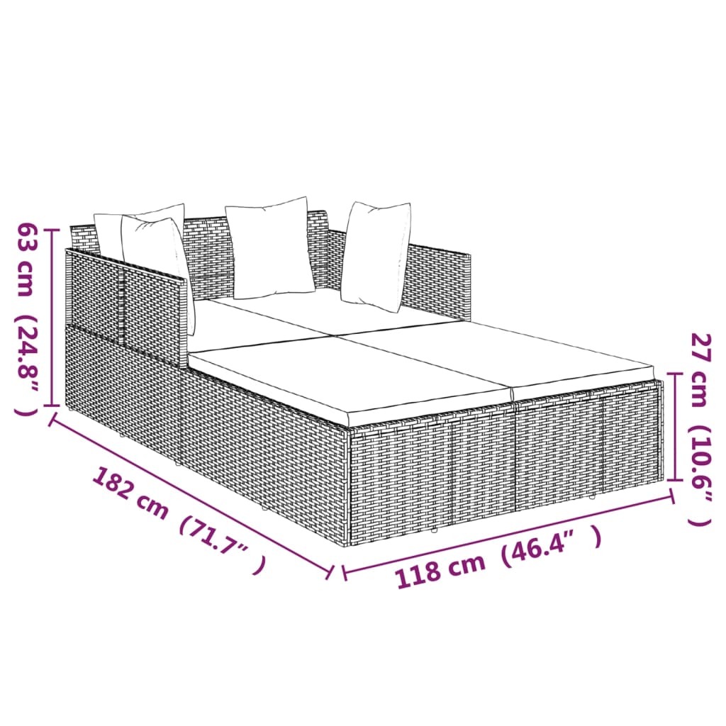 Bain de soleil avec coussin marron 182x118x63 cm poly rotin