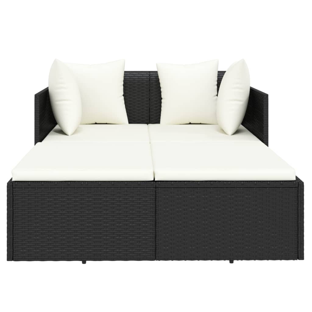 Bain de soleil avec coussin noir 182x118x63 cm poly rotin