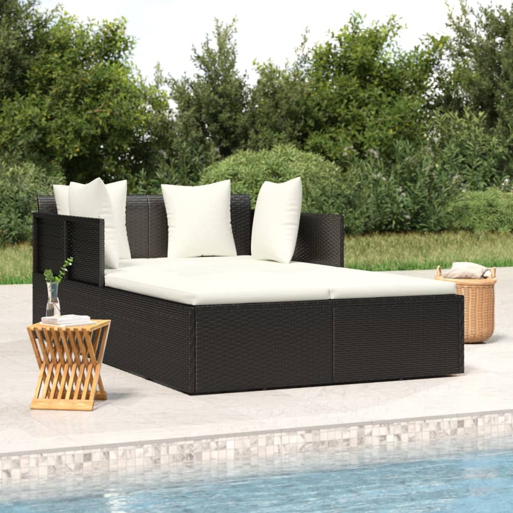 Bain de soleil avec coussin noir 182x118x63 cm poly rotin